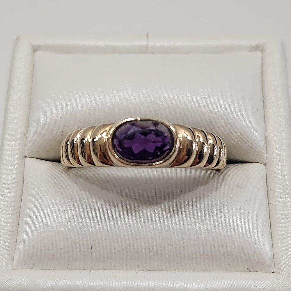 Vintage 90s 14K Solid Gold Stacking Amethyst Ribbed Band Ring Size 8